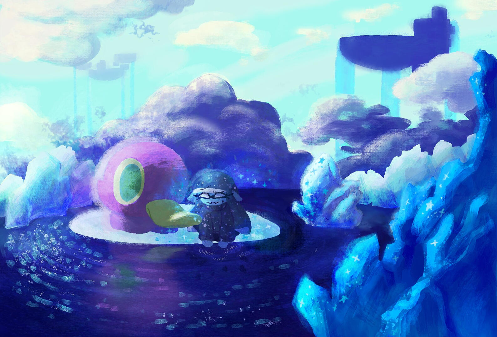The Secret of the Bowl - 10 x 15.5 inch digital print. Made December 4th, 2023. Fanart of Beach Bowl Galaxy that explores the idea of Cosmic wandering Super Mario Galaxy's universe!