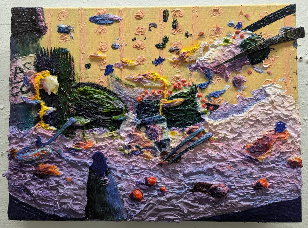 Cosmic and the Surging Sushi Seas - 12 x 16 inch acrylic + oil painting on canvas. A foray into creating texture with impasto techniques and thus lacks clarity. Cosmic herself warps to stylistically fit the atmosphere. Made September 16th, 2024.